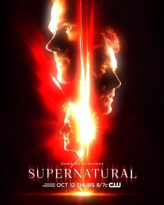 L'affiche de la saison 13 " Dawn of the Darkness" de Supernatural avec Sam, Dean et Castiel